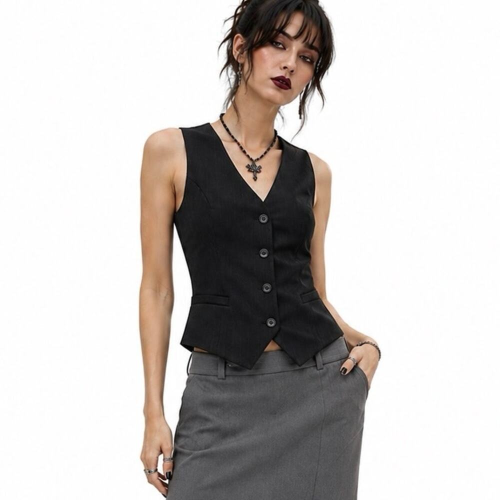 Y2K New York & Company Black Pinstripe Vest Office Siren Sz 4 Whimsigoth Office